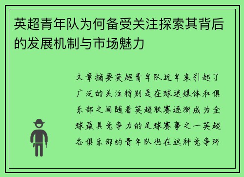 英超青年队为何备受关注探索其背后的发展机制与市场魅力