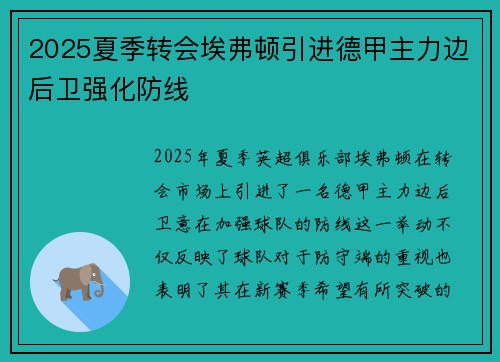 2025夏季转会埃弗顿引进德甲主力边后卫强化防线