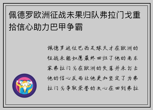 佩德罗欧洲征战未果归队弗拉门戈重拾信心助力巴甲争霸