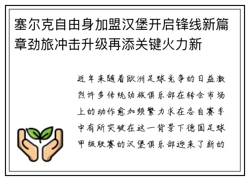 塞尔克自由身加盟汉堡开启锋线新篇章劲旅冲击升级再添关键火力新
