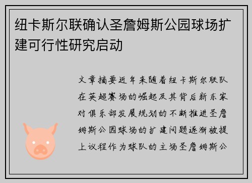 纽卡斯尔联确认圣詹姆斯公园球场扩建可行性研究启动
